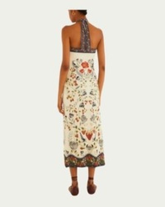 Vestido Midi Farm Estampada Sonho de Morango Bege em Viscose Decote Halter