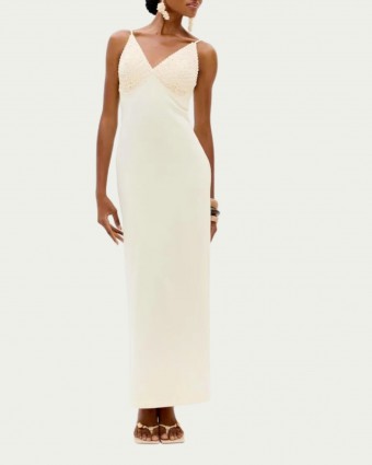 Vestido Longo Off White Lança Perfume em Viscose Decote V com Alças Crochet