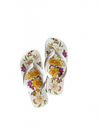 Sandália Salto Rasteiro - Estampa Tropical - Branco