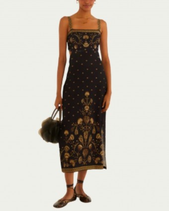 Vestido Midi Farm Estampado Sonho de Concha Preto com Costas Abertas