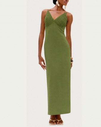 Vestido Longo Verde Lança Perfume em Viscose Decote V com Alças Crochet