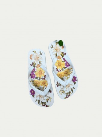 Sandália Salto Rasteiro - Estampa Tropical - Branco