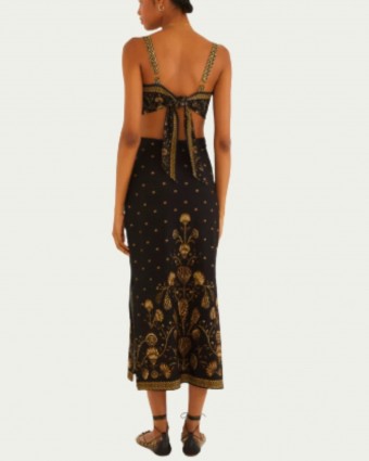 Vestido Midi Farm Estampado Sonho de Concha Preto com Costas Abertas