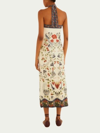 Vestido Midi Farm Estampada Sonho de Morango Bege em Viscose Decote Halter