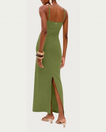 Vestido Longo Verde Lança Perfume em Viscose Decote V com Alças Crochet