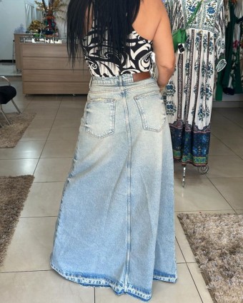 Saia Jeans Longa Super Hifh Azul Lança Perfume