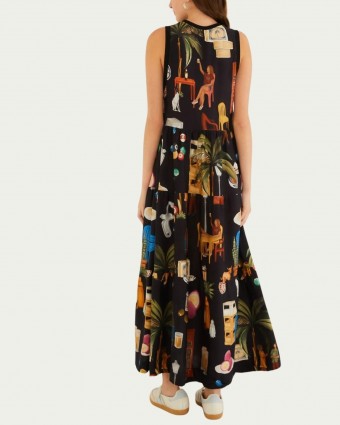 Vestido Cropped Farm Estampado Boteco Carioca Preto em Algodão com Gola Redonda
