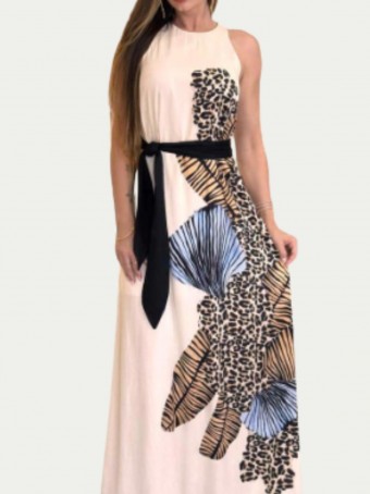 Vestido Longo Sem Manga Com Cinto Branco Lança Perfume