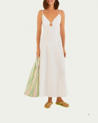 Vestido Longo Farm Alcinhas Branco Decote V com Detalhes em Algodão