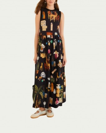 Vestido Cropped Farm Estampado Boteco Carioca Preto em Algodão com Gola Redonda