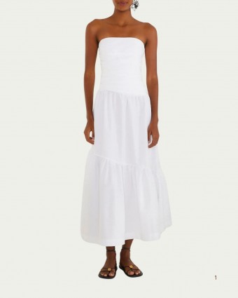 Vestido Longo Farm Sem Alça Franzido Branco com Decote Reto