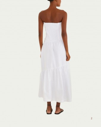 Vestido Longo Farm Sem Alça Franzido Branco com Decote Reto