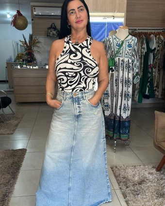 Saia Jeans Longa Super Hifh Azul Lança Perfume
