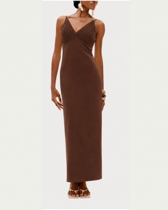 Vestido Longo Marrom Lança Perfume em Viscose Decote V com Alças Crochet