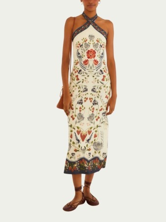 Vestido Midi Farm Estampada Sonho de Morango Bege em Viscose Decote Halter
