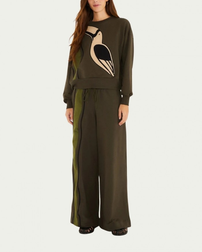 Blusa Moletom Farm Bordado Tucanos Gráfico Verde Algodão com Manga Comprida