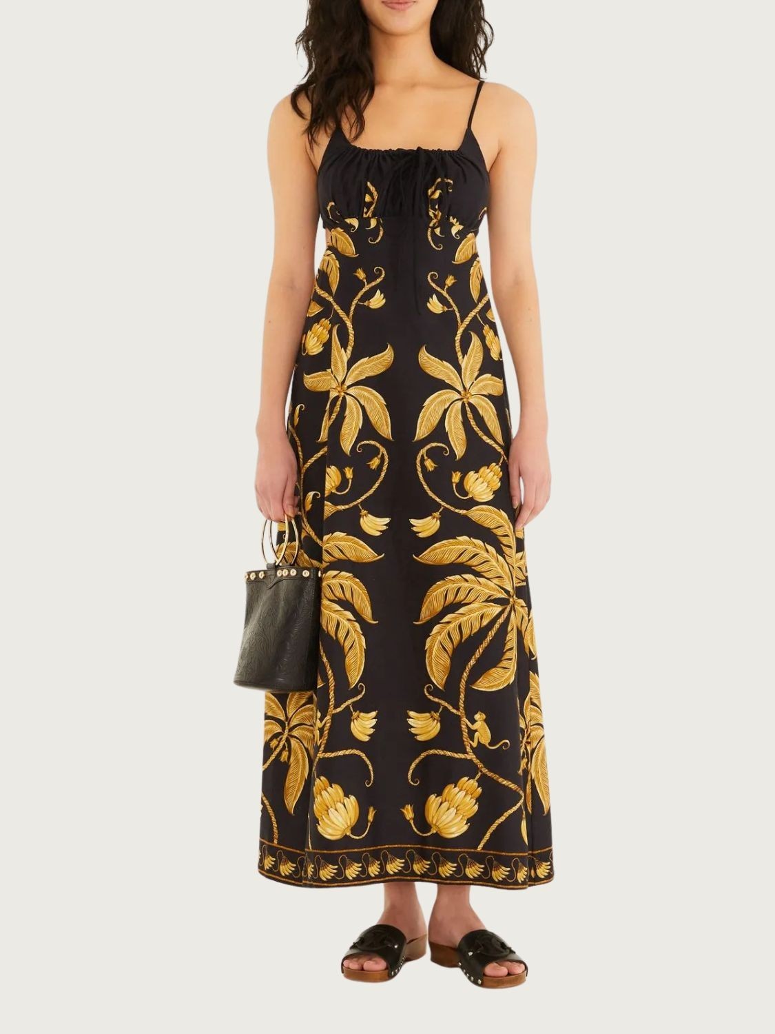 Vestido Longo Farm Floral Preto Algodão Alças Reguláveis