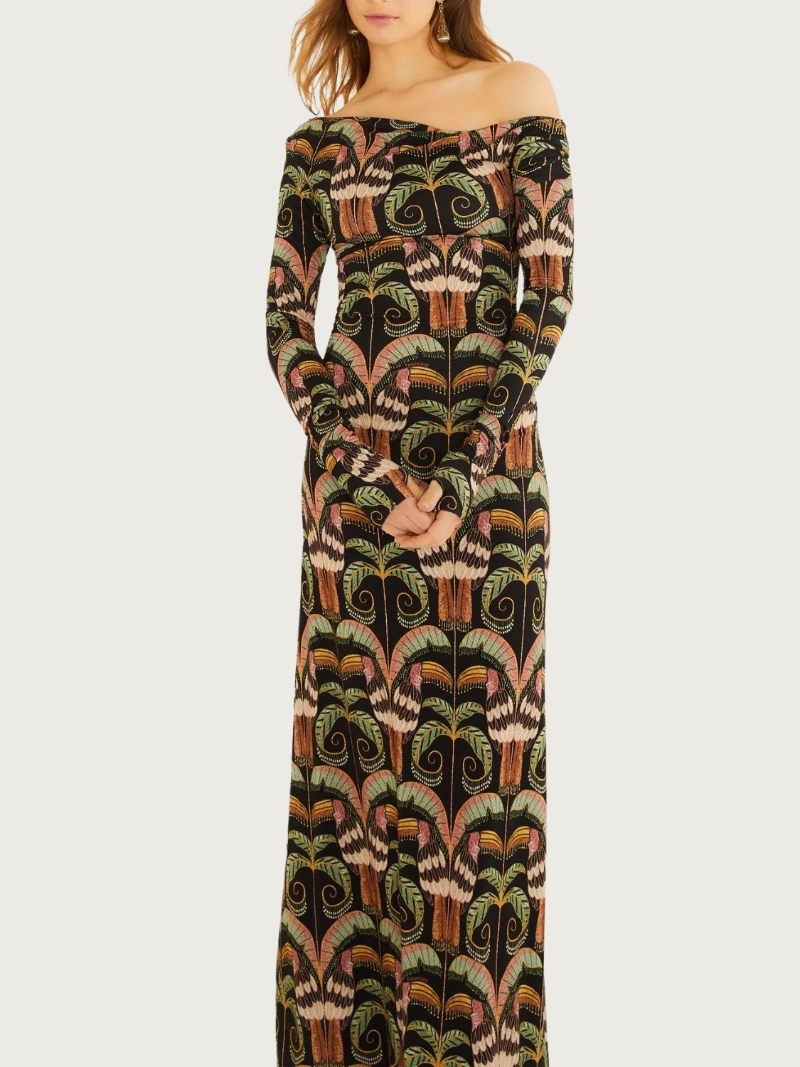 Vestido Midi Floral Farm Preto em Viscose e Elastano