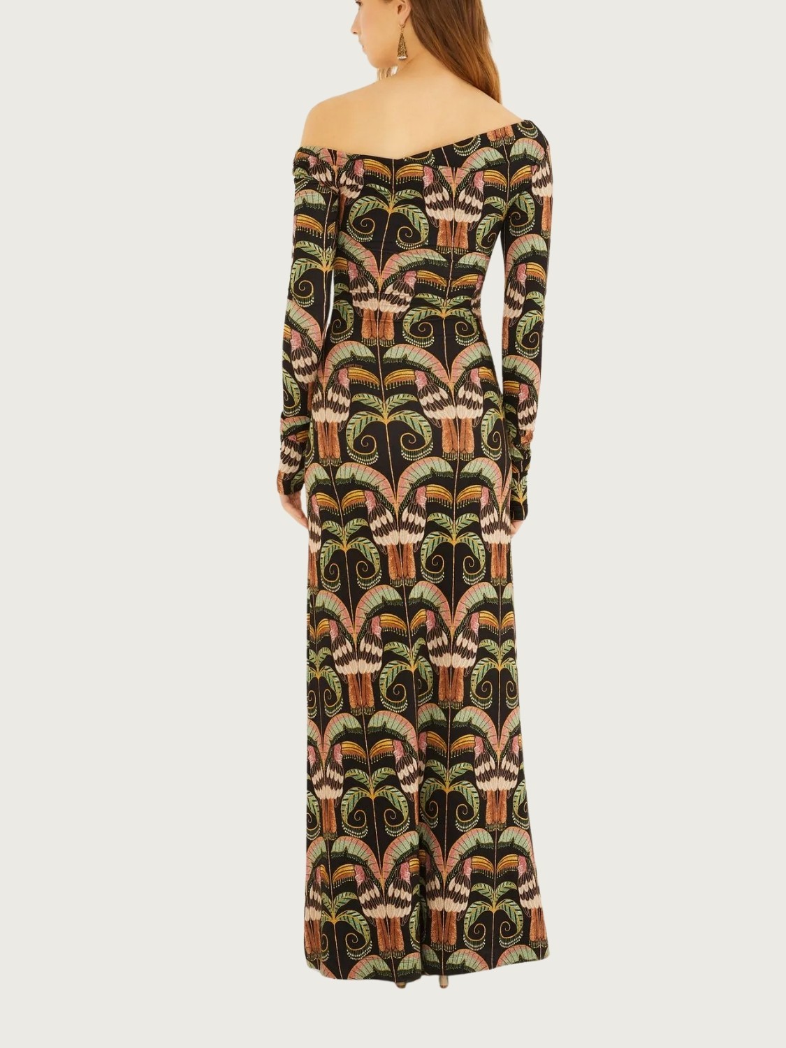 Vestido Farm Floral Preto Leve Confortável Elegante Off Shoulder