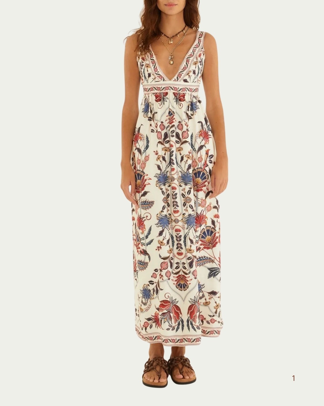 Vestido Cropped Floral Bege Farm em Viscose com Decote V