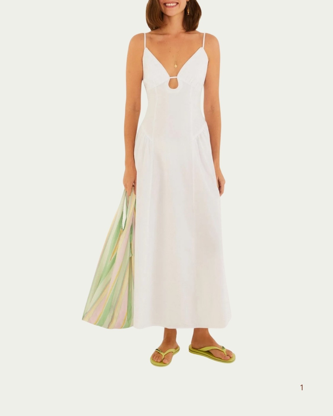 Vestido Longo Farm Alcinhas Branco Decote V com Detalhes em Algodão