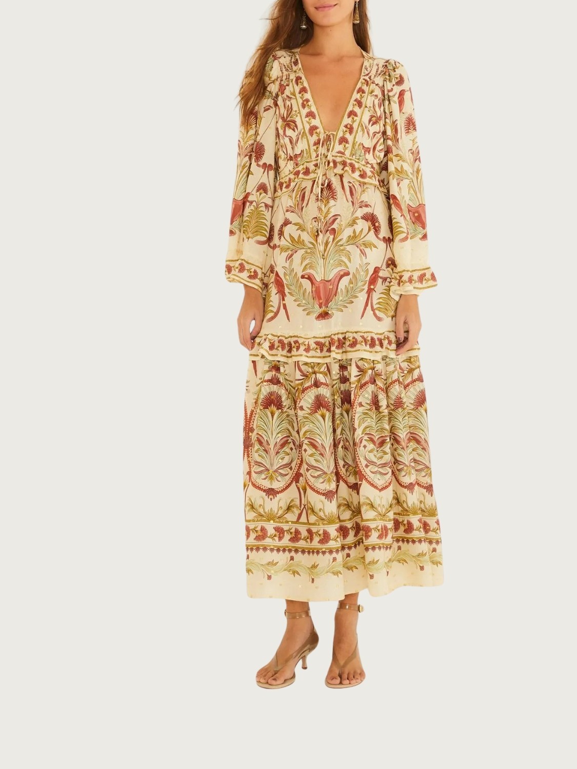 Vestido Longo Jardim Louise Bege Algodão Manga Longa