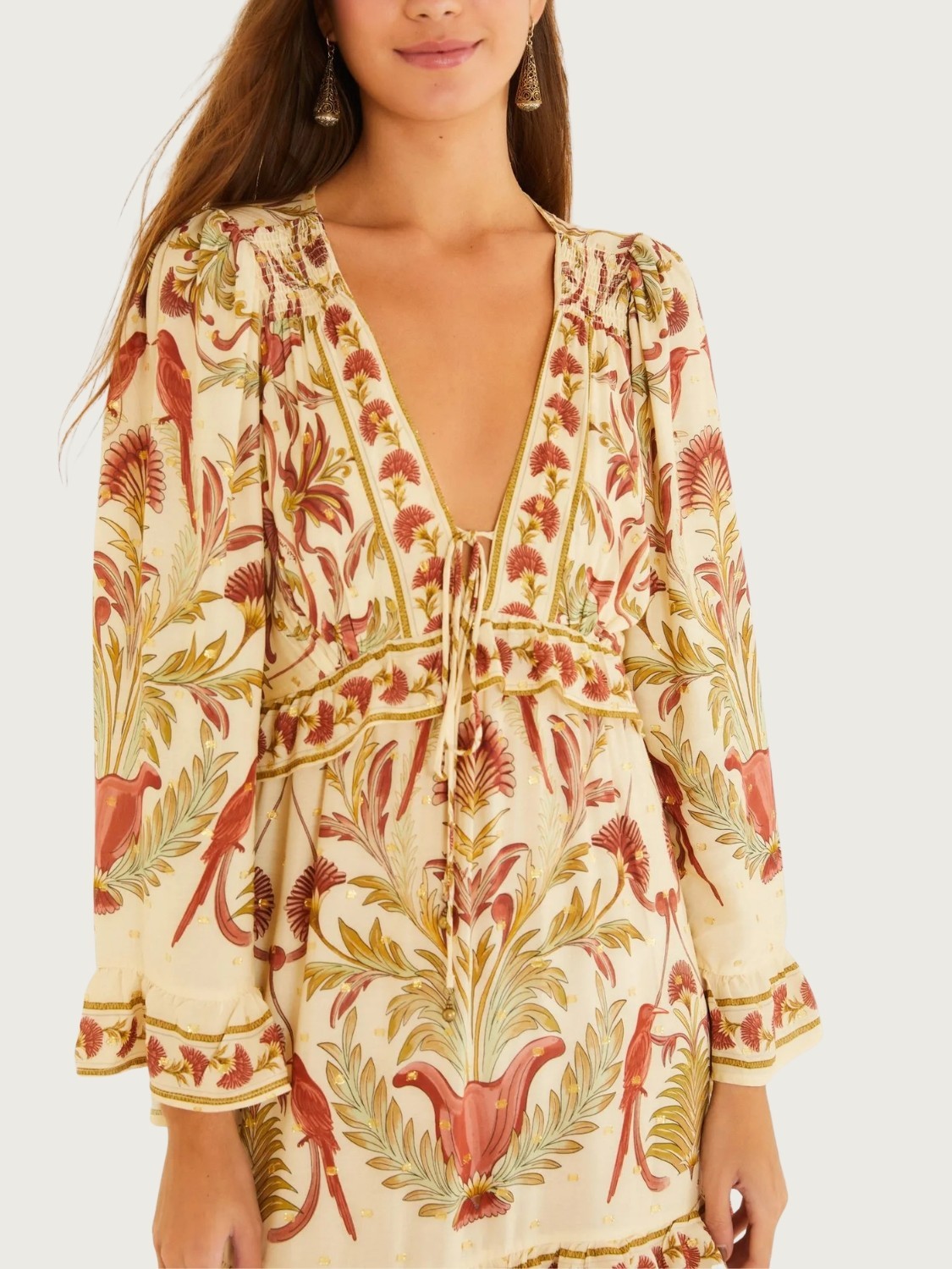 Vestido Longo Jardim Louise Bege Algodão Manga Longa