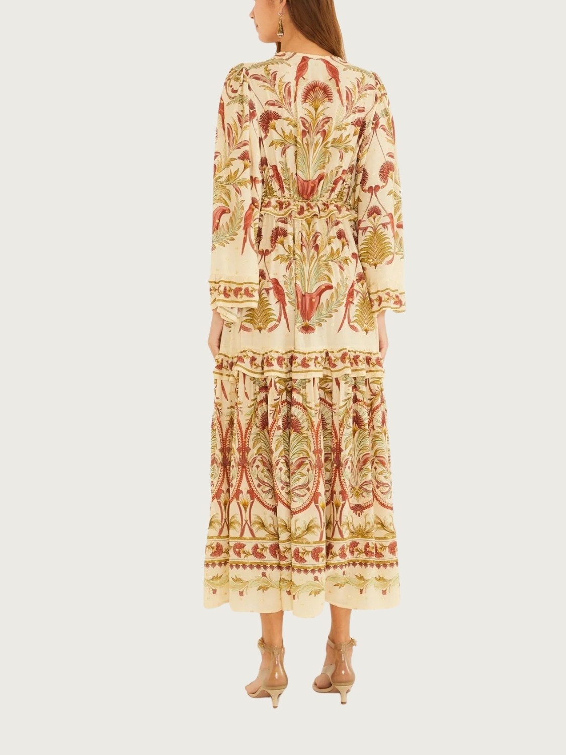 Vestido Longo Jardim Louise Bege Algodão Manga Longa