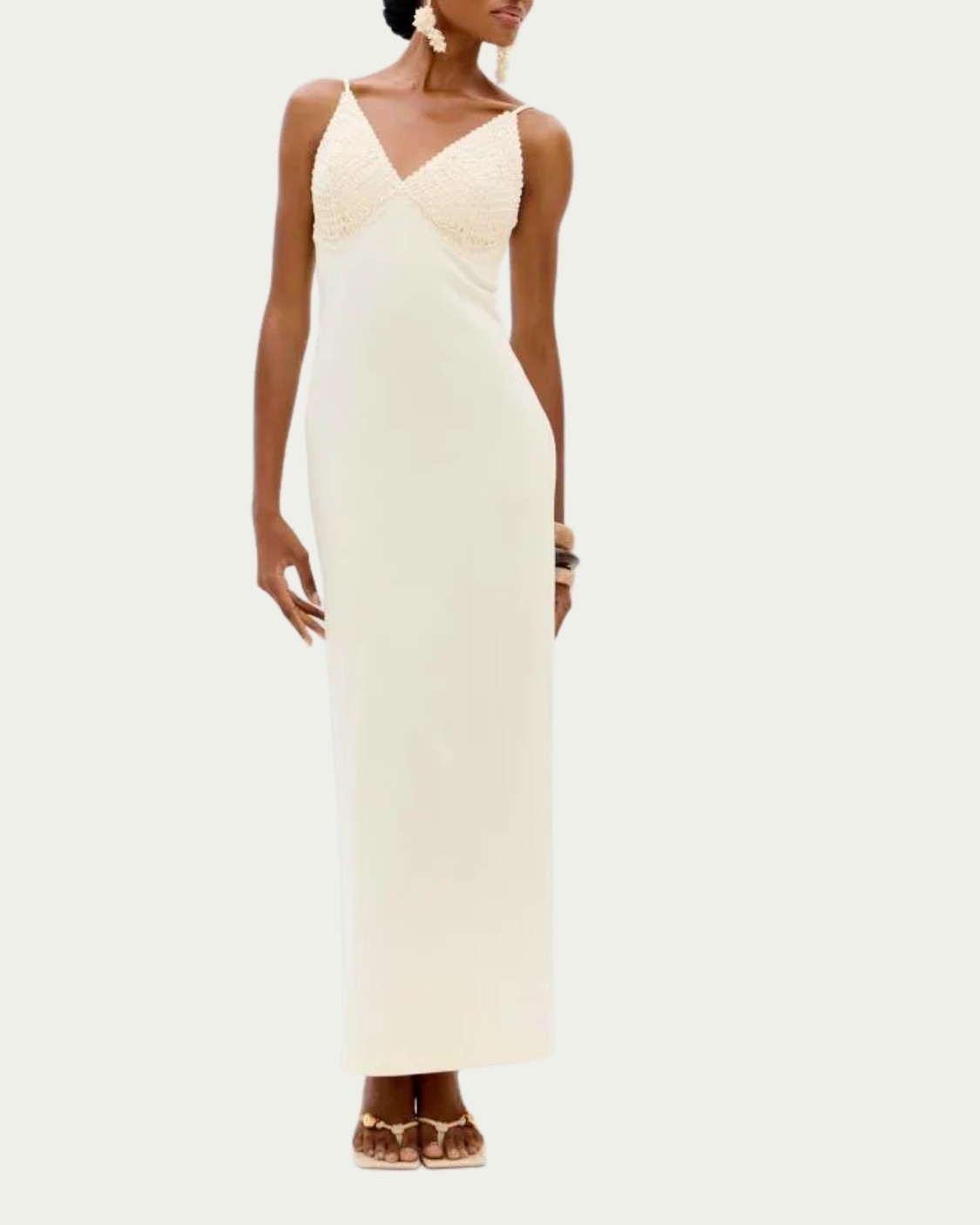 Vestido Longo Off White Lança Perfume em Viscose Decote V com Alças Crochet