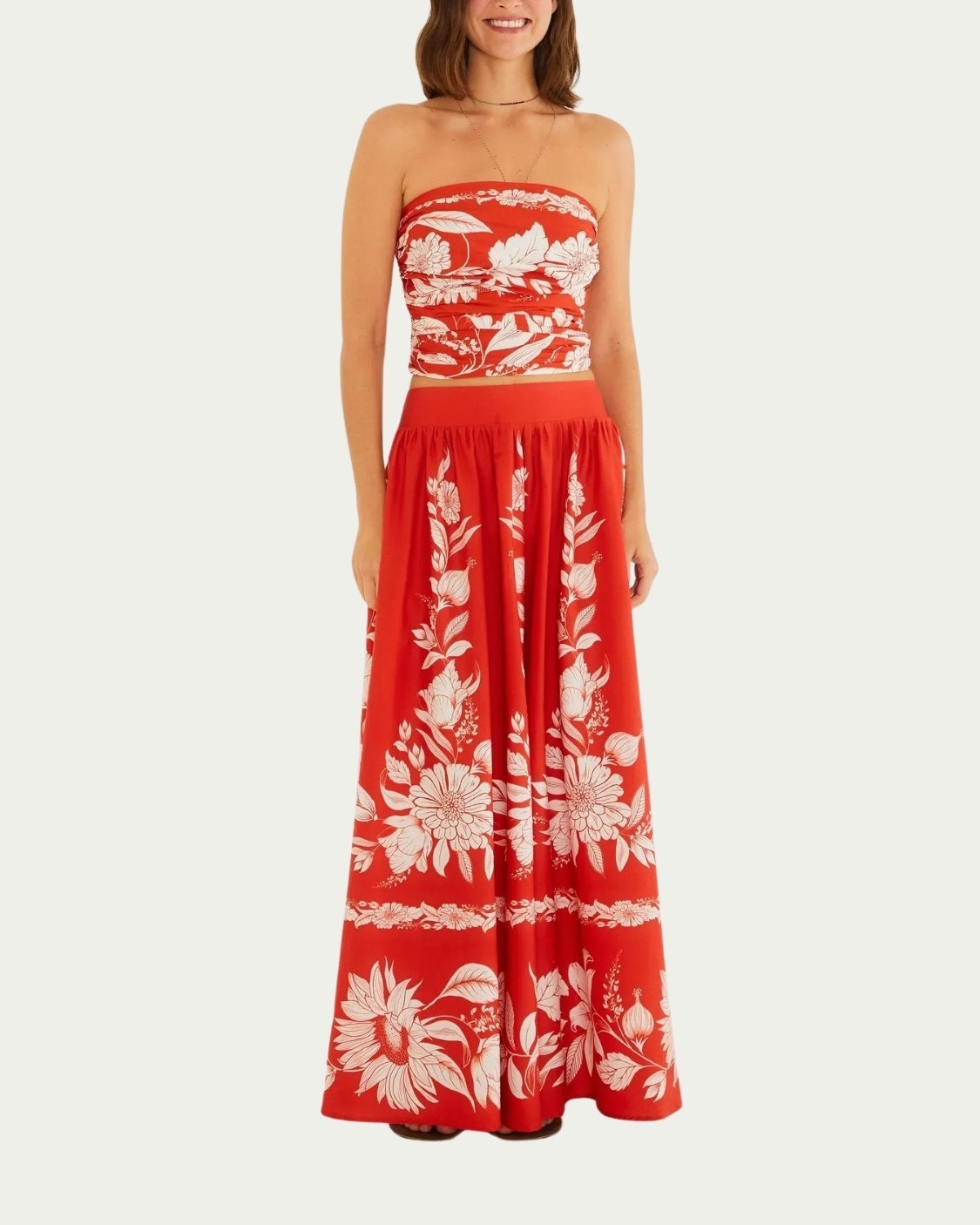Saia Cropped Floral Farm Domitila Vermelha Algodão com Cós Ajustável

