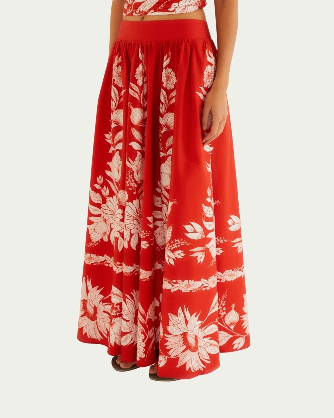 Saia Cropped Floral Farm Domitila Vermelha Algodão com Cós Ajustável