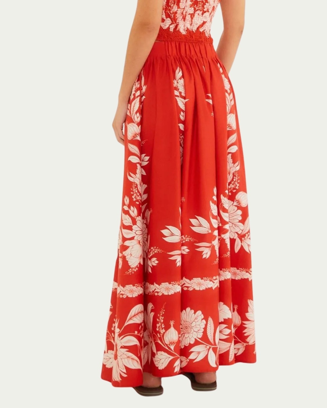 Saia Cropped Floral Farm Domitila Vermelha Algodão com Cós Ajustável