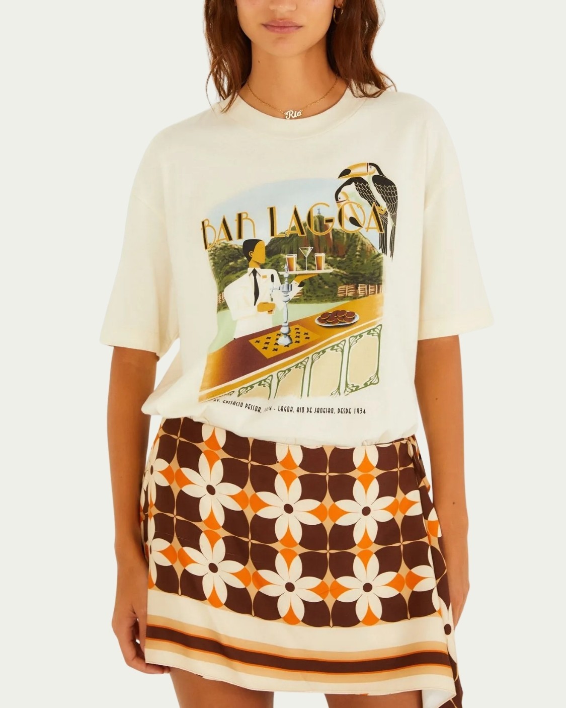 Tshirt Média Farm Bar da Lagoa Bege Algodão com Manga