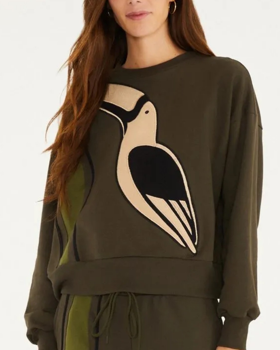 Blusa Moletom Farm Bordado Tucanos Gráfico Verde Algodão com Manga Comprida