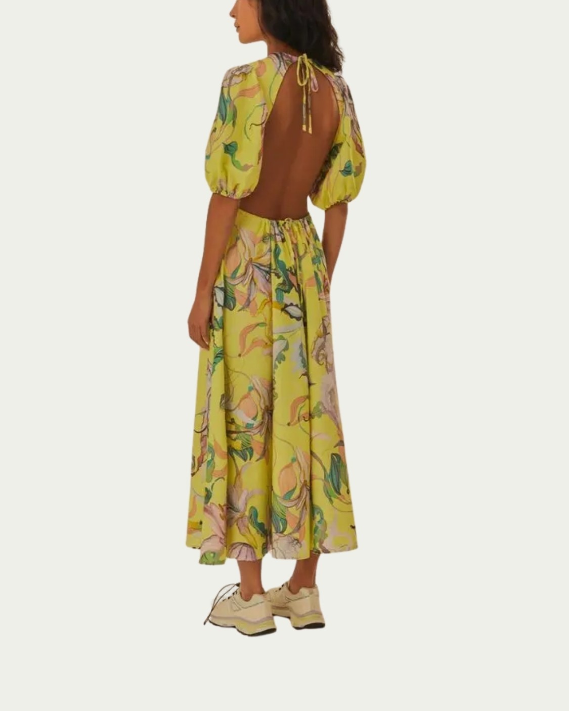 Vestido Longo Farm Floral Água Viva Amarelo Algodão com Costas Abertas