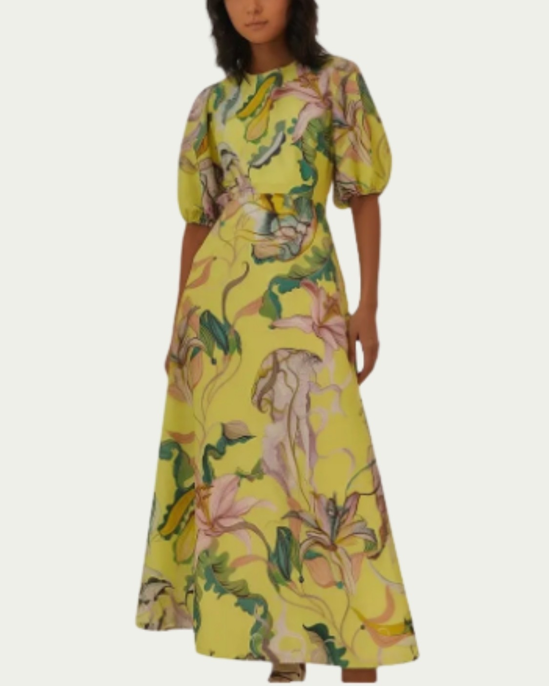 Vestido Longo Farm Floral Água Viva Amarelo Algodão com Costas Abertas