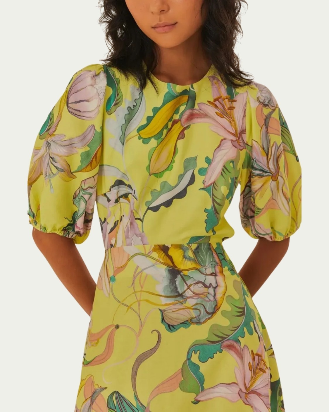 Vestido Longo Farm Floral Água Viva Amarelo Algodão com Costas Abertas