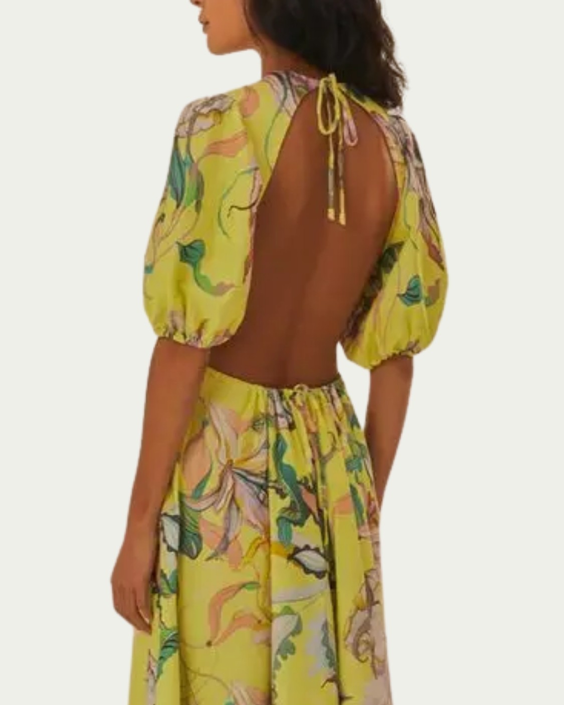 Vestido Longo Farm Floral Água Viva Amarelo Algodão com Costas Abertas