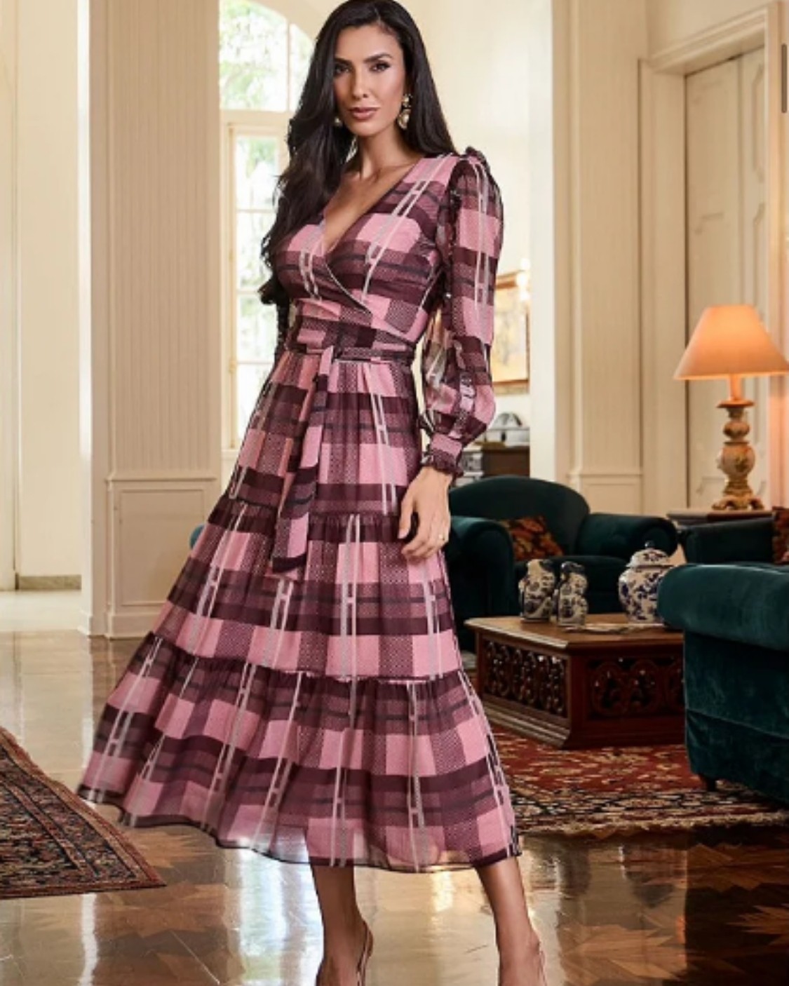 Vestido Midi Luzia Fazzolli Estampa Xadrez em Poliester com Decote V