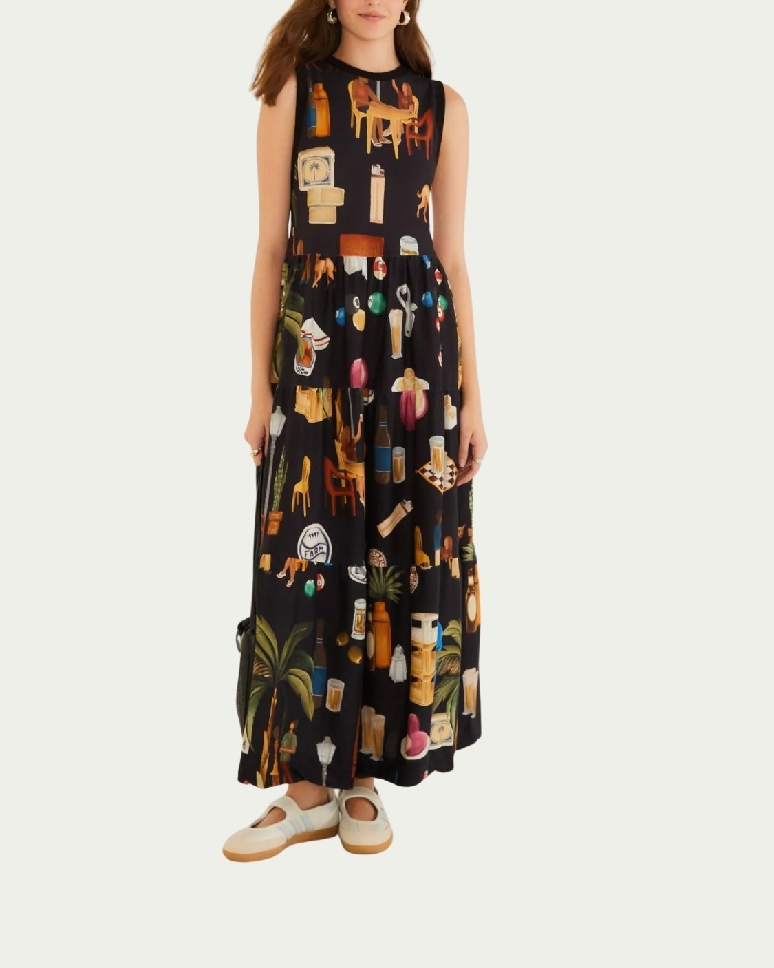 Vestido Cropped Floral Farm Boteco Carioca Preto Algodão com Gola Redonda