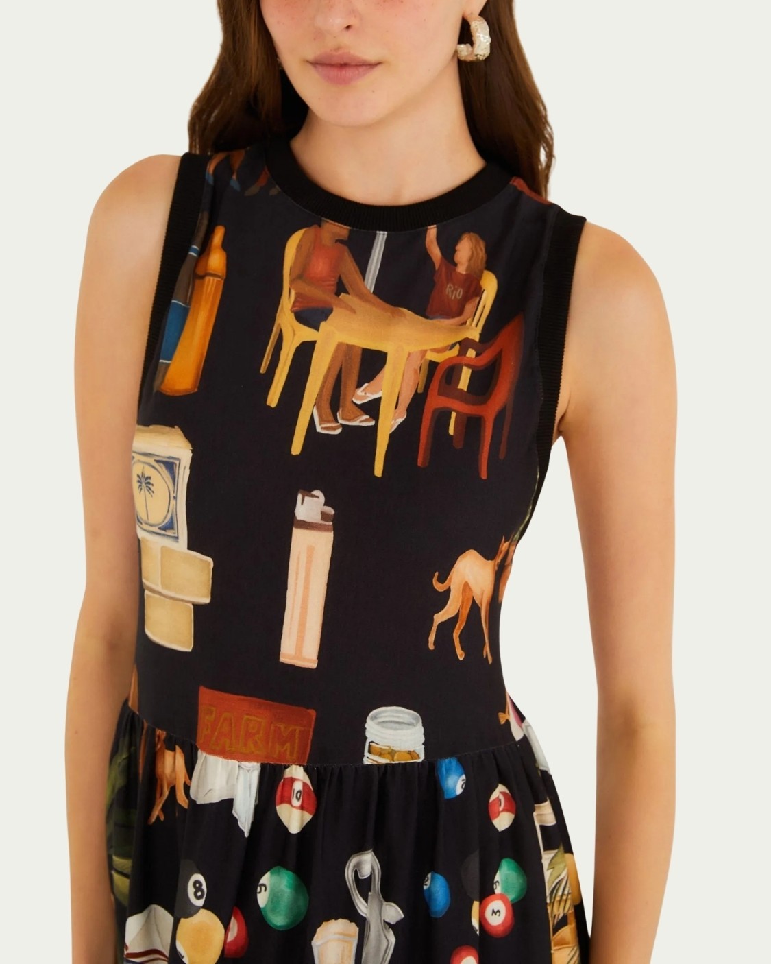 Vestido Cropped Floral Farm Boteco Carioca Preto Algodão com Gola Redonda