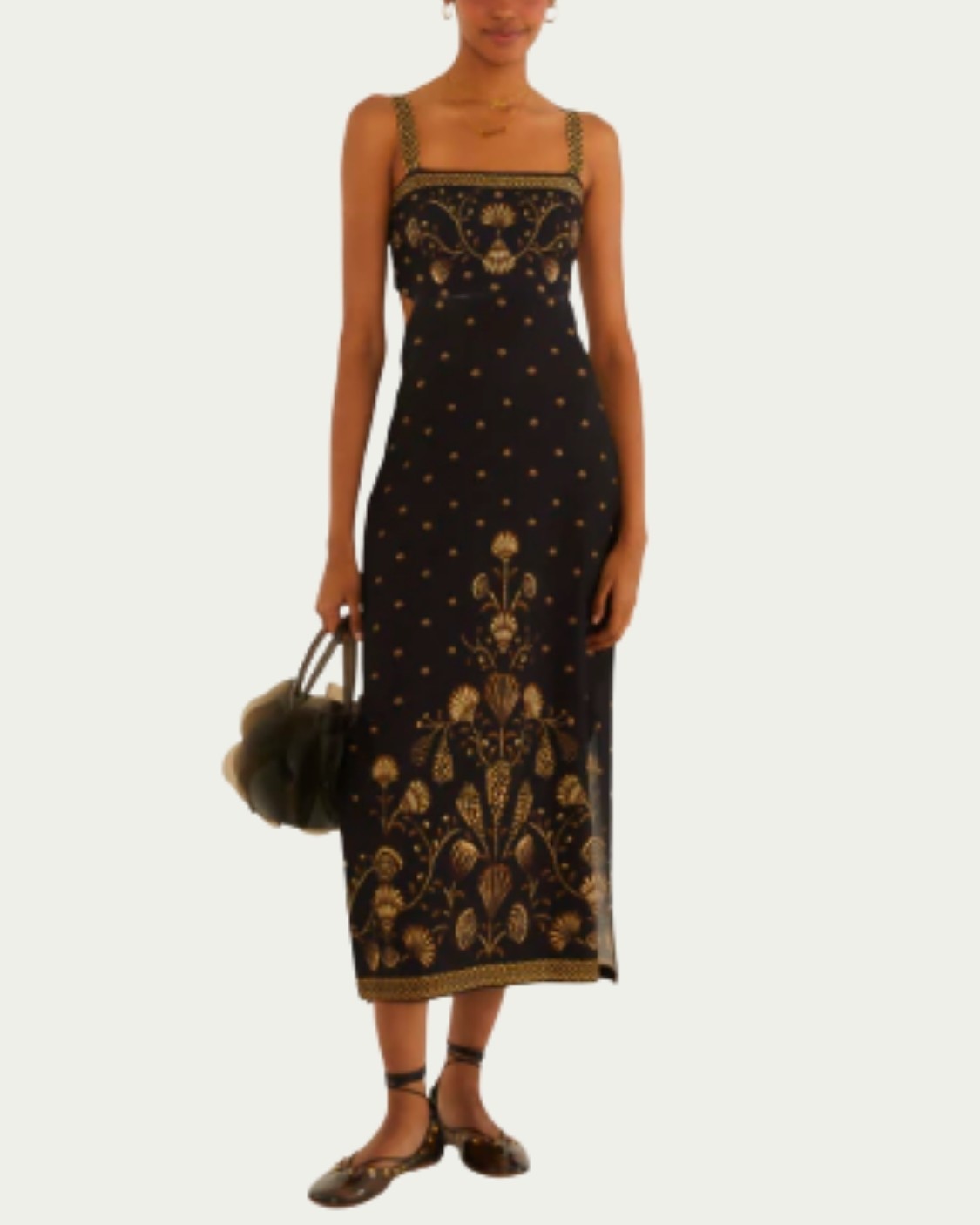 Vestido Midi Farm Estampado Sonho de Concha Preto com Costas Abertas