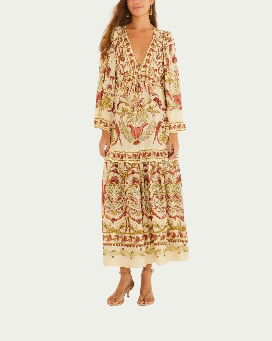 Vestido Longo Farm Floral Jardim Louise Bege Decote V com Amarração