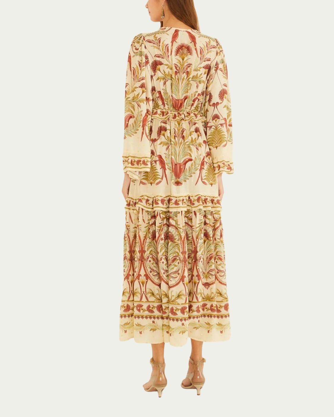 Vestido Longo Farm Floral Jardim Louise Bege Decote V com Amarração