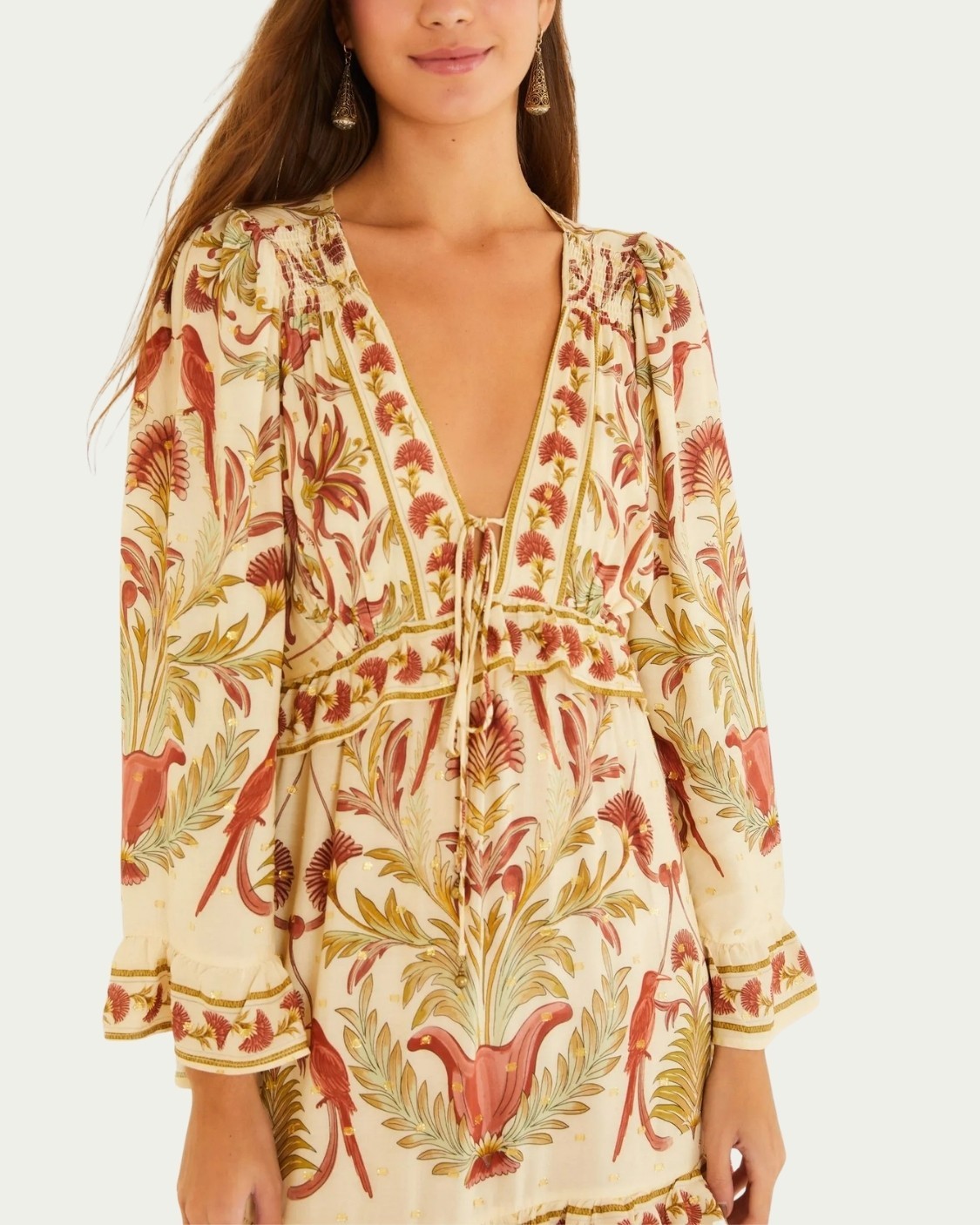 Vestido Longo Farm Floral Jardim Louise Bege Decote V com Amarração