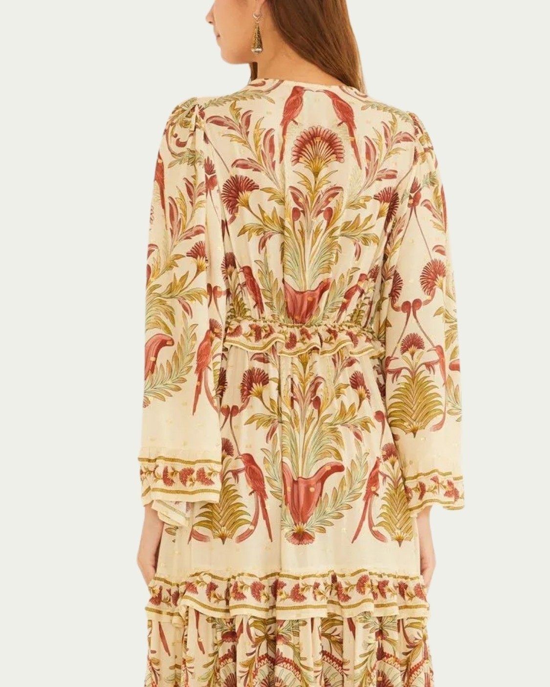 Vestido Longo Farm Floral Jardim Louise Bege Decote V com Amarração