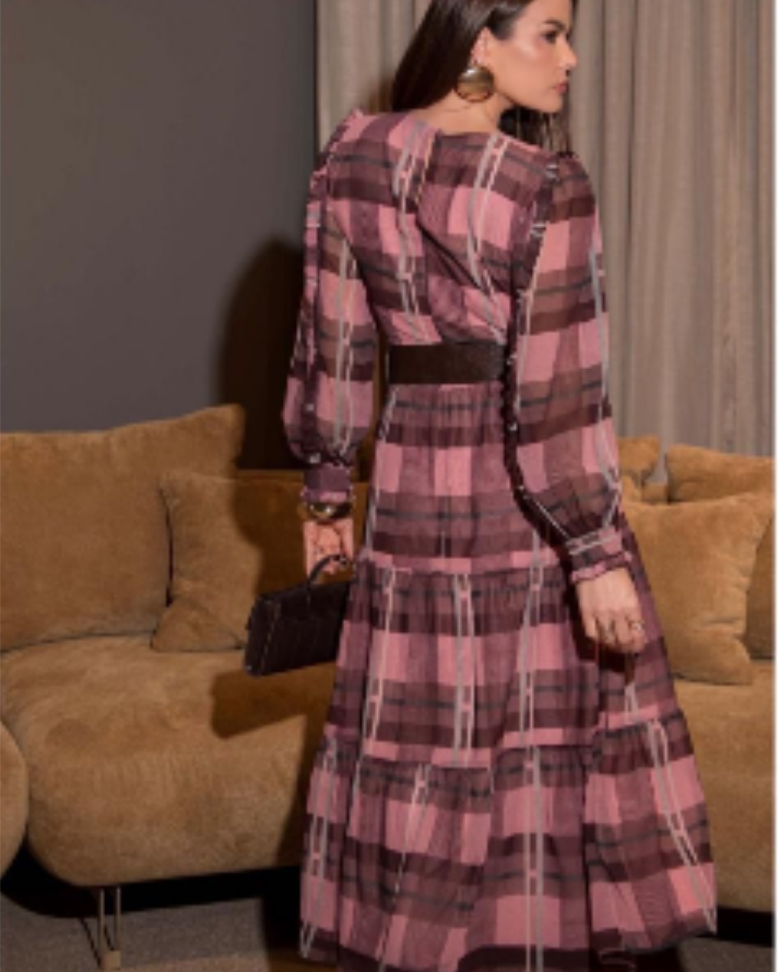 Vestido Midi Luzia Fazzolli Estampa Xadrez em Poliester com Decote V