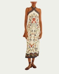 Vestido Midi Farm Estampada Sonho de Morango Bege em Viscose Decote Halter