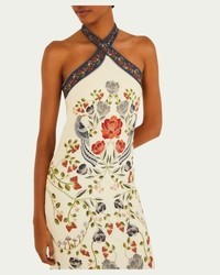 Vestido Midi Farm Estampada Sonho de Morango Bege em Viscose Decote Halter