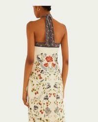 Vestido Midi Farm Estampada Sonho de Morango Bege em Viscose Decote Halter